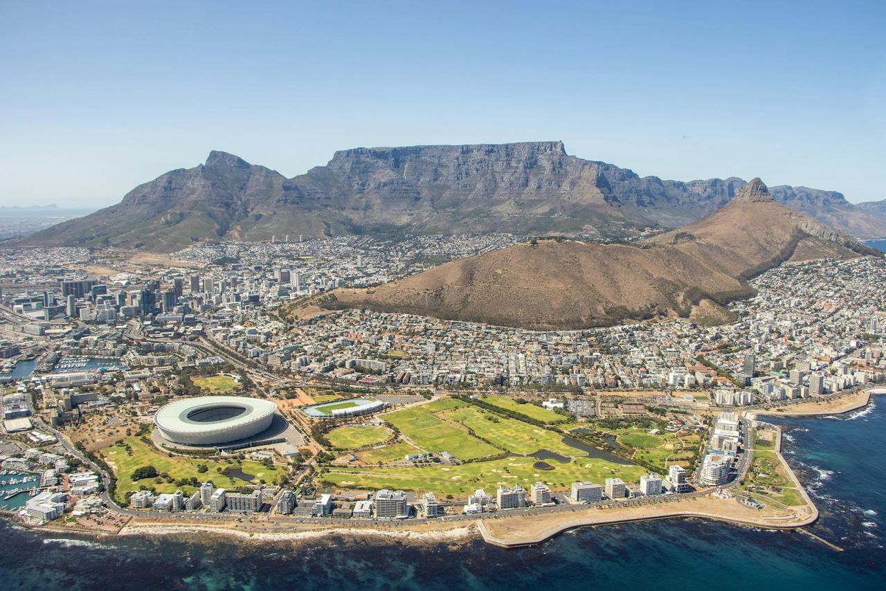 Aerial view of Cape Town with Table Mountain, the city bowl and the Atlantic coastline